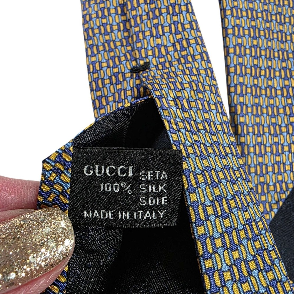 GUCCI Silk Tie Blue Yellow Geometric Pattern Made in Italy Men's Luxury Designer - Picture 2 of 13